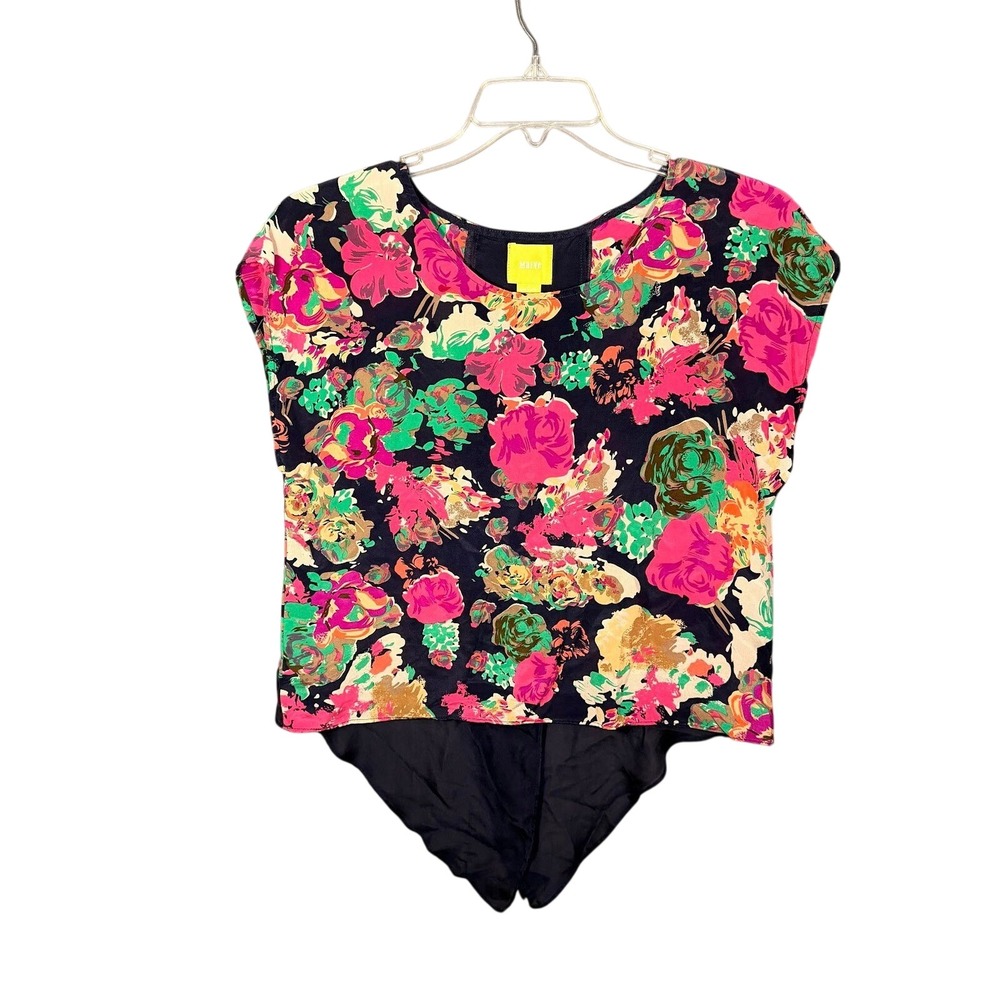 Maeve Anthropologie Navy Floral 100% Silk Sheer Back High Low Blouse Womens S 4